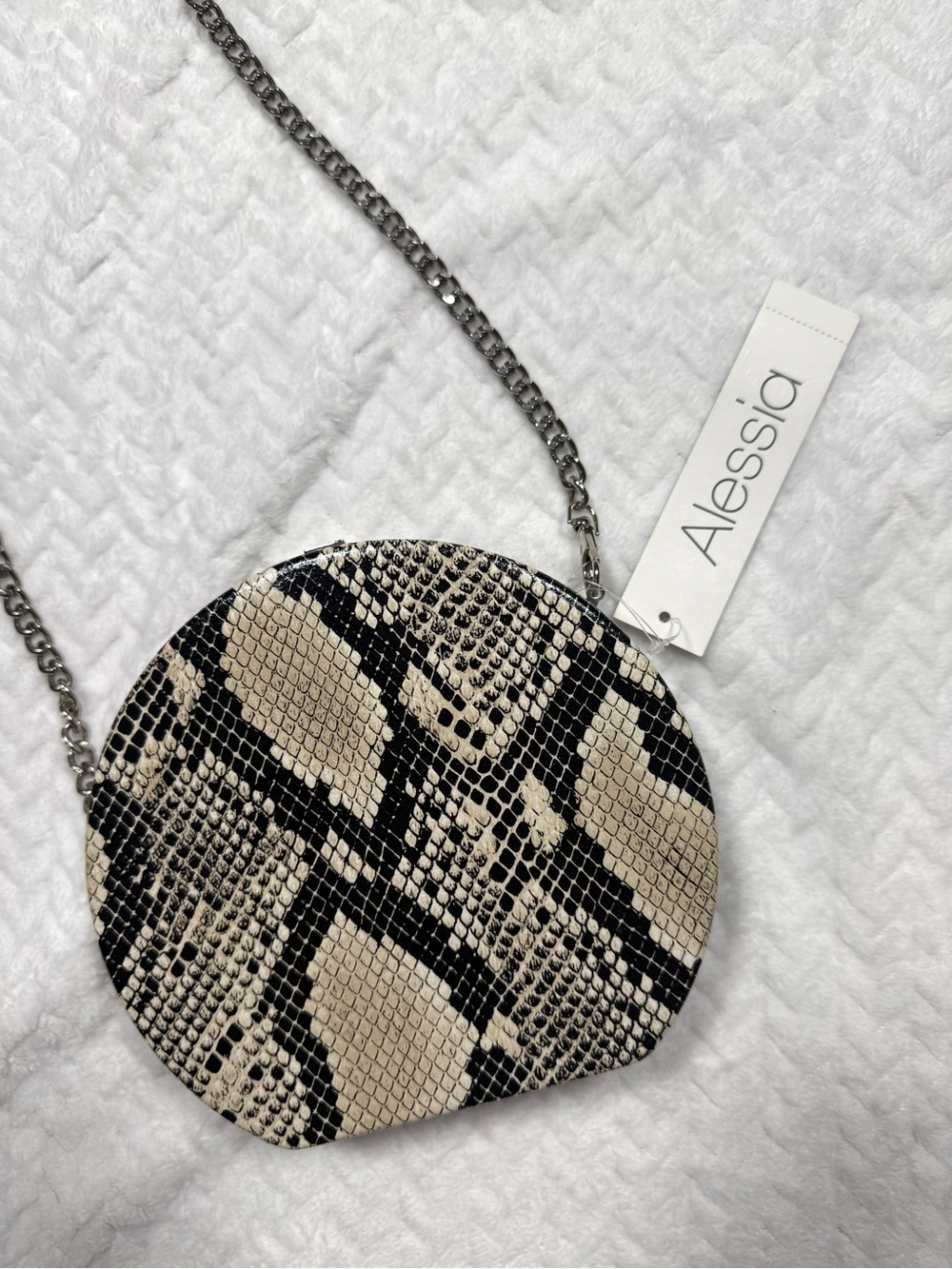Alessia Round Snake-Print Crossbody Bag in Beige and Black